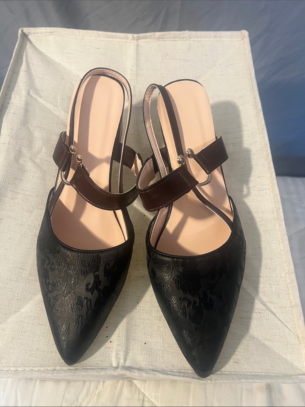 SHEIN Black Pointed Slingback Heels with Brown Strap